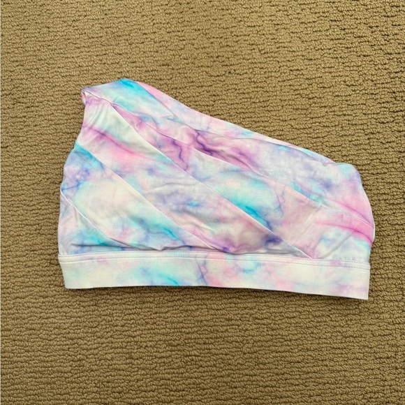 Kiava watercolor asymmetric bikini top with ruched high rise bottoms, size med - Picture 8 of 9